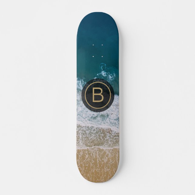 Tropical Sandy Beach Turquoise Sea Golden Monogram Skateboard (Front)