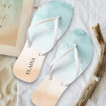 Tropical Sandy Ocean Beach Watercolor Personalized Flip Flops<br><div class="desc">Personalized flip flops / jandals with watercolor beach scene. Both flip flops have a tropical sandy beach with gorgeous clear ocean waves lapping the shoreline. The left flip flop is printed with your name. Perfect for summer vacation,  destination wedding welcome bags and bachelorette weekends.</div>