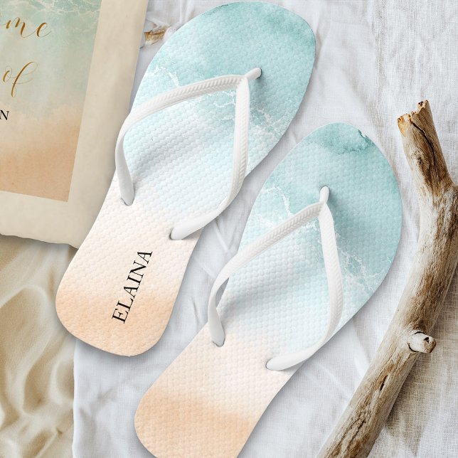 Tropical Sandy Ocean Beach Watercolor Personalized Flip Flops (Personalized flip flops with tropical ocean beach design perfect for destinatiom wedding party gifts)