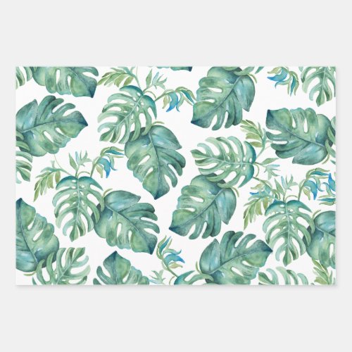 Tropical Santa and Palm Leaves Pattern Watercolor Wrapping Paper Sheets