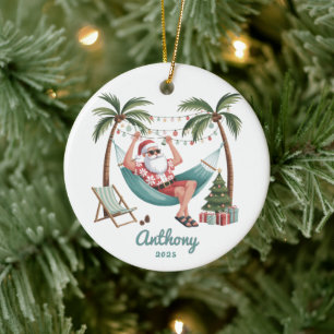 Tropical Santa Christmas Ceramic Ornament