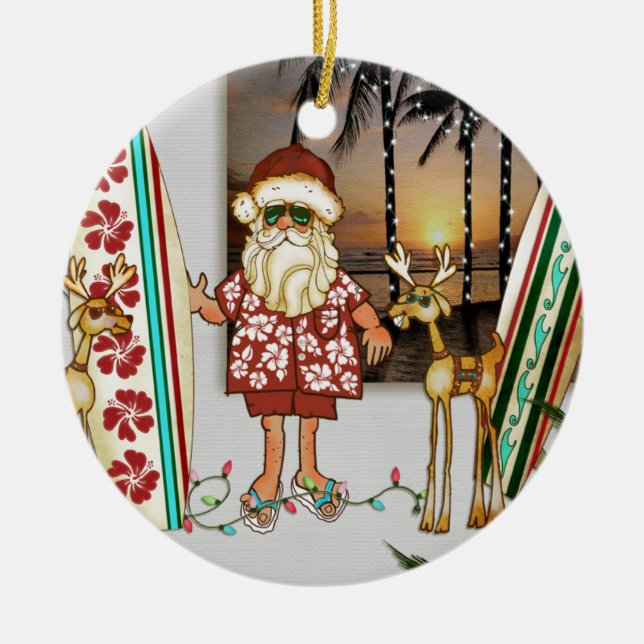 Tropical Santa Christmas Ornament with Surf Board (Front)