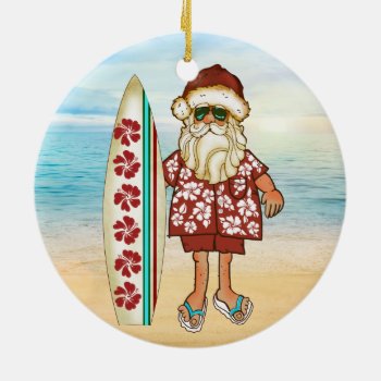 Tropical Santa Christmas Ornament With Surf Board by ChristmasBellsRing at Zazzle