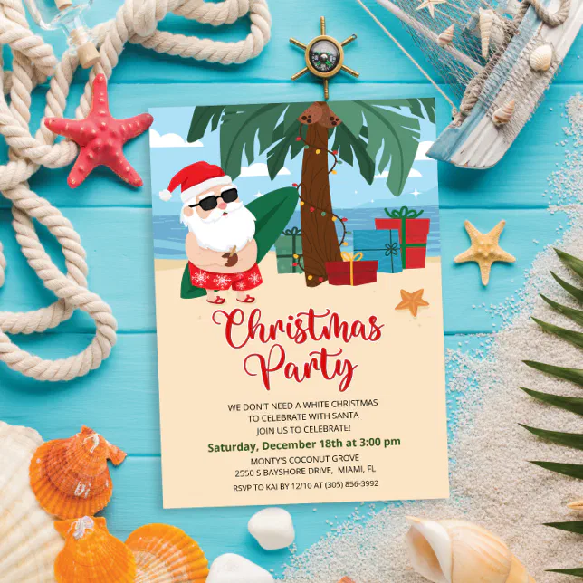 Tropical Santa Christmas Party Invitation | Zazzle