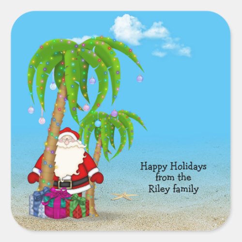 Tropical Santa Claus with palm trees Square Sticker