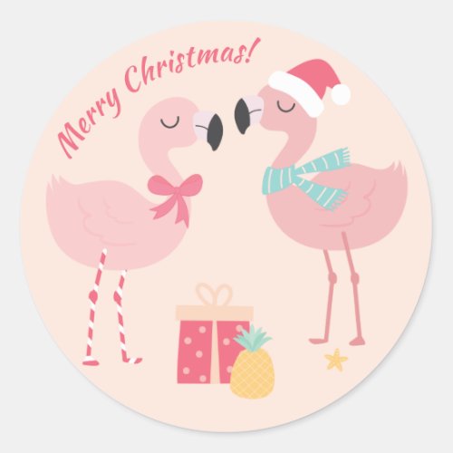 Tropical Santa Flamingos _ Christmas Classic Round Sticker