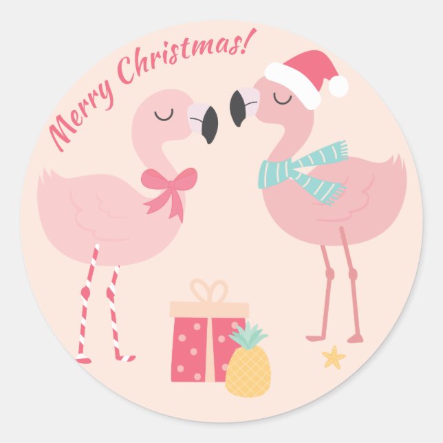 Tropical Santa Flamingo's - Christmas Classic Round Sticker (Front)