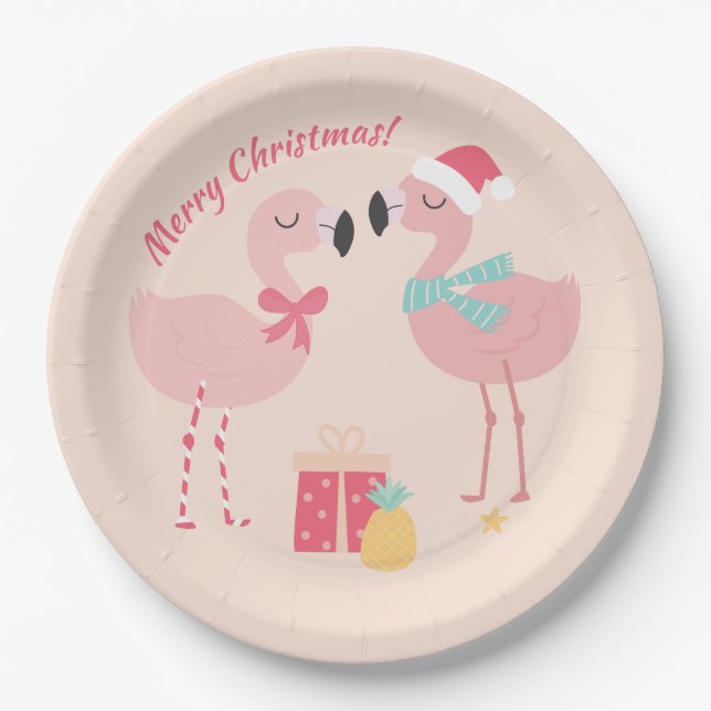Tropical Santa Flamingo's - Christmas Paper Plates (Front)