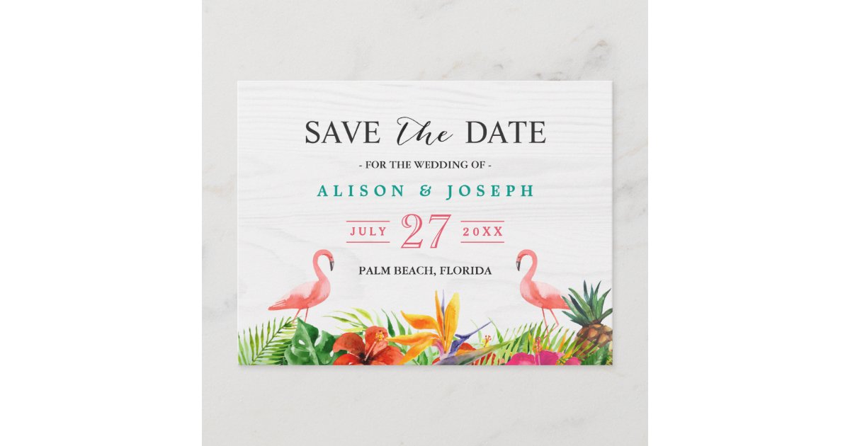 Tropical Save The Date | Hibiscus Floral Flamingo Announcement Postcard ...