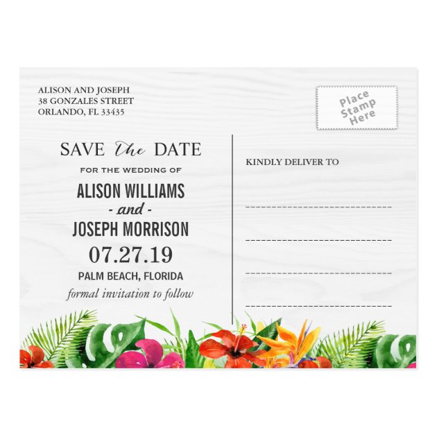 Tropical Save The Date | Hibiscus Floral Flamingo Postcard