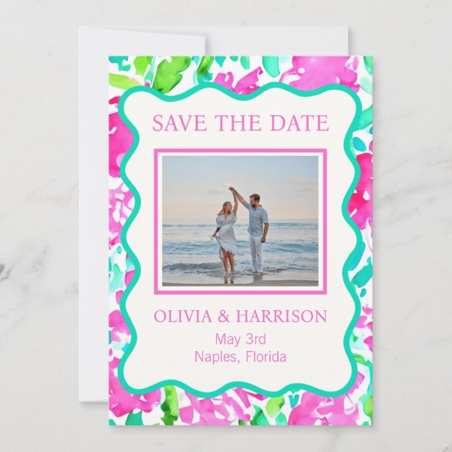Tropical Save the Date Photo Card – Beach Wedding (Front)