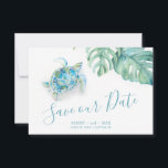 Tropical Save the Date Watercolor Sea Turtle<br><div class="desc">Announce your engagement with my budget wedding tropical save the date invitations featuring trendy script typography script typography and my original watercolor monstera greenery and tropical sea turtle in shades of blue, turquoise and green. Space is provided for your names, wedding date and wedding location. Cards reverse to complimentary solid...</div>