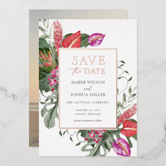 Tropical Save the Date with Photo Foil Invitation | Zazzle