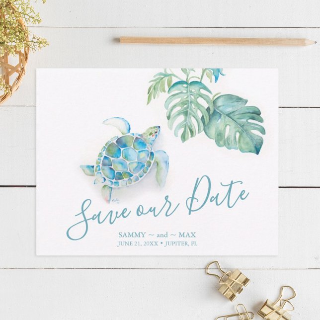 Tropical Save the Date with Watercolor Sea Turtle (Destination save the date invitations watercolor sea turtle palm leaf art Victoria Grigaliunas)