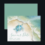 Tropical Save the Date with Watercolor Sea Turtle<br><div class="desc">Announce that you are engaged with my tropical save the date invitations featuring Save Our Date in a trendy script typography style that evokes the look of hand lettering. This simple card features my original watercolor sea turtle and ocean waves shoreline with your names, wedding date and wedding location. Cards...</div>