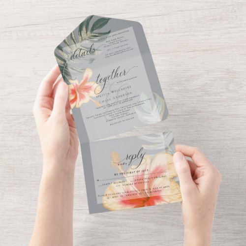 Tropical Scarlet Yellow Hibiscus Fern Wedding All In One Invitation