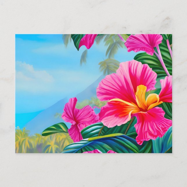 Tropical scene with Hawaiian hibiscus pink flowers Postcard (Front)