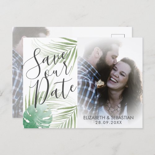 Tropical Script Greenery Wedding Save the Date Announcement Postcard