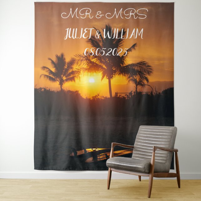 Tropical Script Mr & Mrs Wedding Backdrop banner (In Situ)