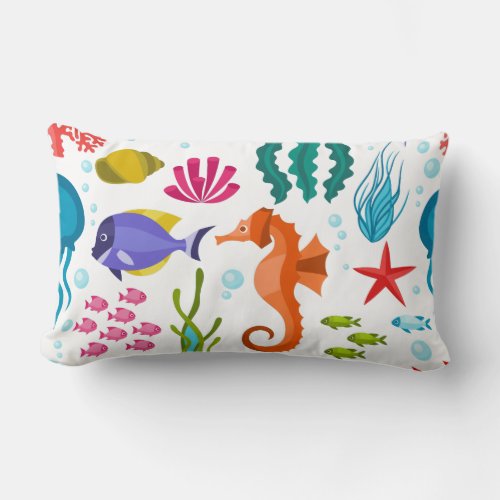 Tropical sea animals colorful illustration lumbar pillow
