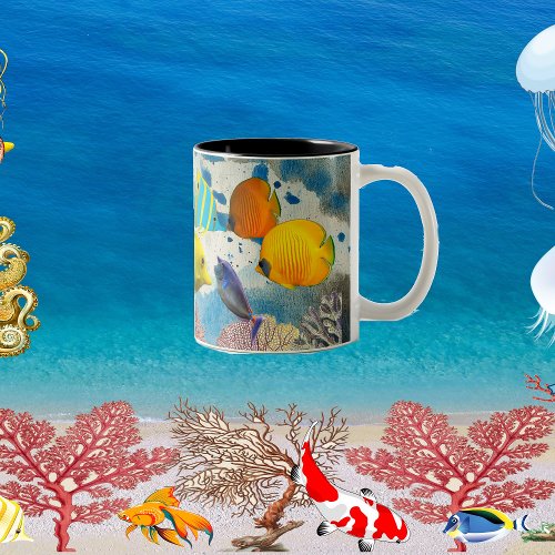 Tropical Sea Colorful Fish Coral Reef Blue Ocean  Two_Tone Coffee Mug