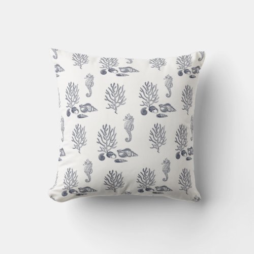 Tropical Sea Horse Coral Shell Navy Blue White Out Outdoor Pillow