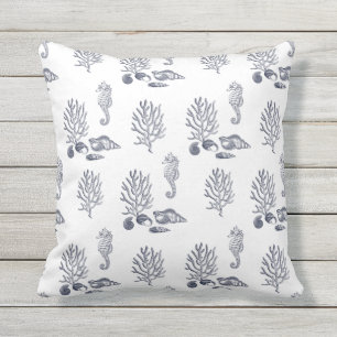 Tropical Sea Horse Coral Shell Navy Blue White Out Outdoor Pillow