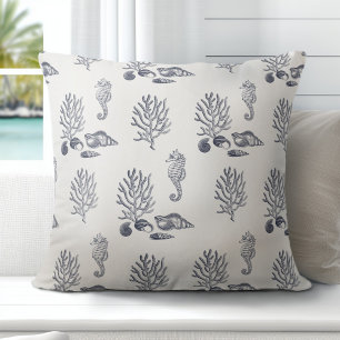 Tropical Sea Horse Coral Shell Navy Blue White Throw Pillow
