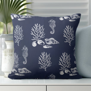 Tropical Sea Horse Shell Navy Blue White Throw Pillow