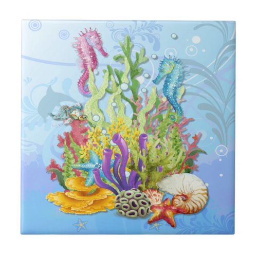 Tropical Sea Life Blue Tile