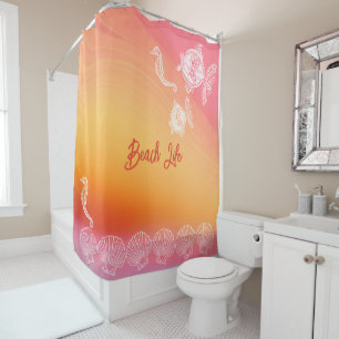 Tropical Sea Life Orange Pink Sunset Watercolor Shower Curtain