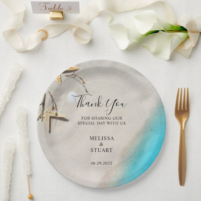 Tropical sea sand starfish beach Thank You wedding Paper Plates (Wedding)