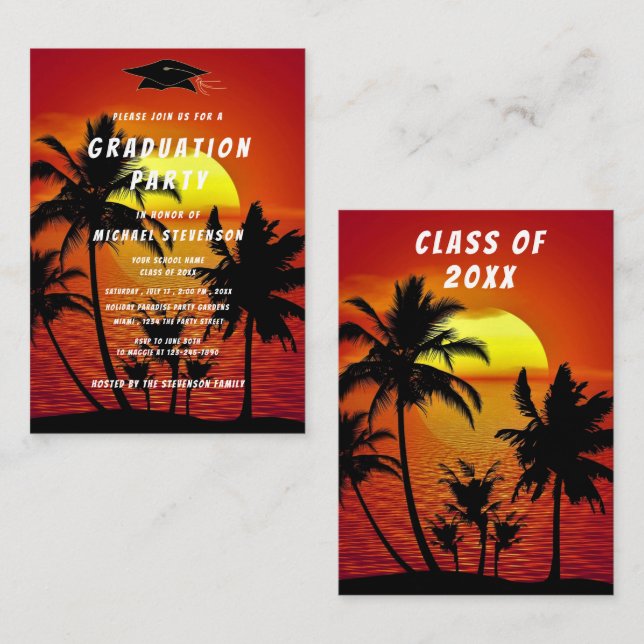 Tropical Sea Sunset Graduation Invitation Example (Front/Back)