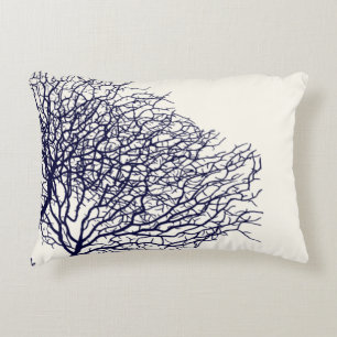 Tropical Sea Tree Coral Navy Blue White Beach Accent Pillow