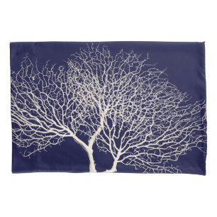 Tropical Sea Tree Coral White Navy Blue Beach Pillow Case