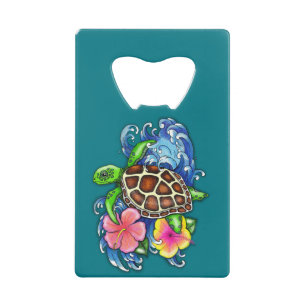 Tropical Sea Turtle and Hibiscus Credit Card Bottle Opener