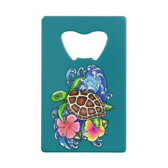 Tropical Sea Turtle and Hibiscus Credit Card Bottle Opener (Front)