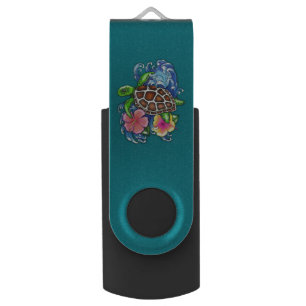 Tropical Sea Turtle and Hibiscus Flash Drive