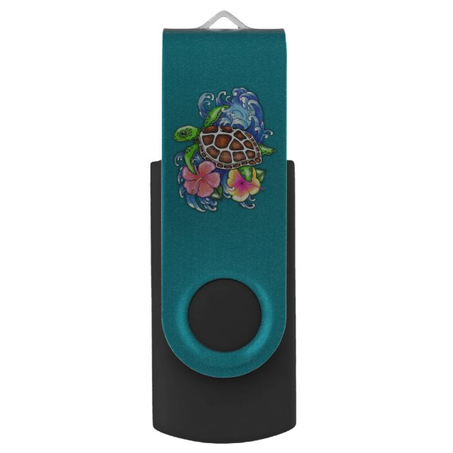 Tropical Sea Turtle and Hibiscus Flash Drive (Front Vertical)