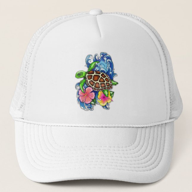 Tropical Sea Turtle and Hibiscus Trucker Hat (Front)