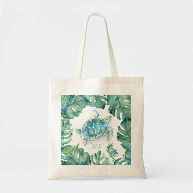 Tropical Sea Turtle and Palm Leaves Tote Bag (Front)
