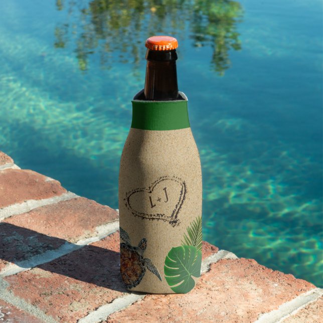 Tropical Sea Turtle and Palms Sand Heart Bottle Cooler (In Situ Pool)