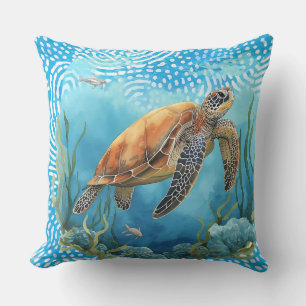 Tropical Sea Turtle and Sea life Outdoor Pillow