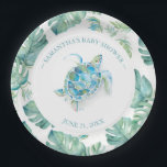 Tropical Sea Turtle Baby Shower Paper Plate<br><div class="desc">Sweet personalized plates for your tropical sea turtle themed backyard baby shower. This design features a monstera palm leaves border with a watercolor sea turtle. Personalize with the mama-to-be's name and shower date in turquoise blue. To see the matching beach theme aloha party decor visit www.zazzle.com/dotellabelle Unique watercolor art and...</div>