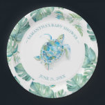 Tropical Sea Turtle Baby Shower Paper Plate<br><div class="desc">Sweet personalized plates for your tropical sea turtle themed backyard baby shower. This design features a monstera palm leaves border with a watercolor sea turtle. Personalize with the mama-to-be's name and shower date in turquoise blue. To see the matching beach theme aloha party decor visit www.zazzle.com/dotellabelle Unique watercolor art and...</div>