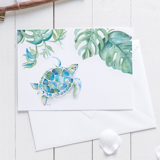 Tropical Sea Turtle Blank Inside Watercolor Thank You Card (Thank you cards feature watercolor sea turtle and tropical palm leaf art by Victoria Grigaliunas)