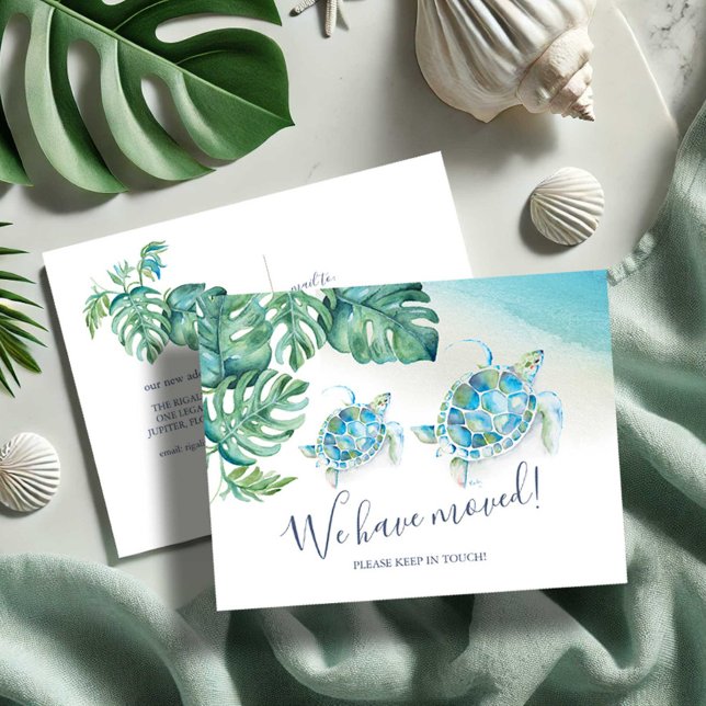 Tropical Sea Turtle Botanical Moving Announcement Postcard (We have moved postcards watercolor sea turtle and monstera palm leaf art by Victoria Grigaliunas)