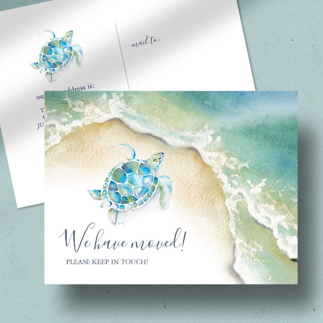 Tropical Sea Turtle Coastal Moving Announcement  Postcard (Change of address moving announcement watercolor sea turtle beach seashore art Victoria Grigaliunas)