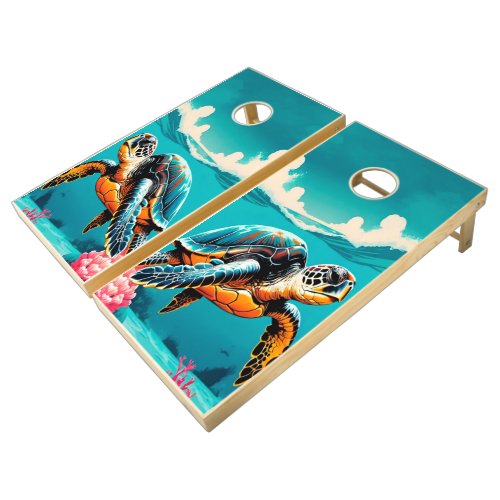 Tropical Sea Turtle Family Beach House Summer Cornhole Set