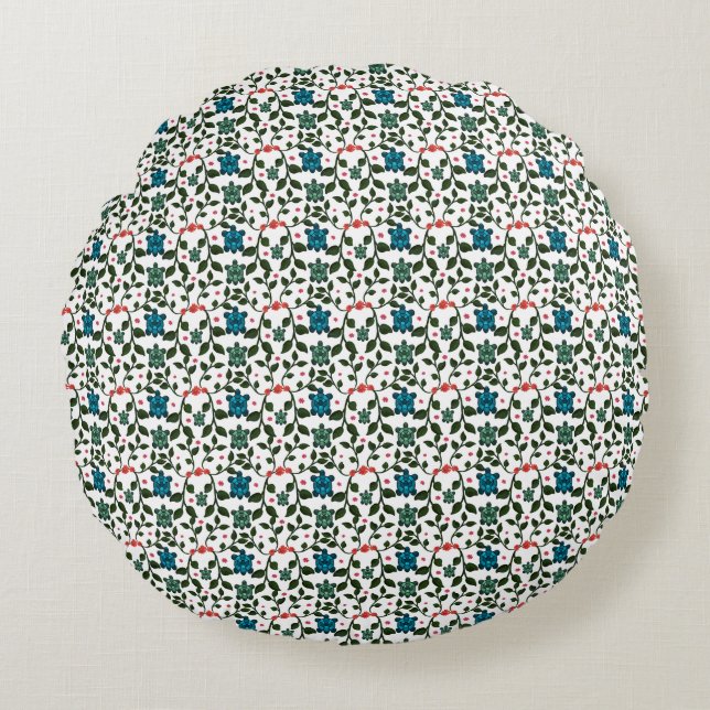 Tropical Sea Turtle Floral Pattern | Coastal Ocean Round Pillow (Front)